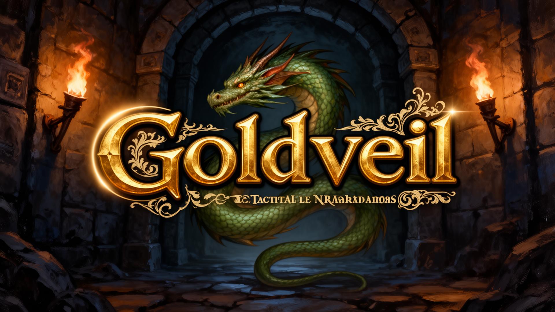 Goldveil — illustrated dragon and gold lettering at the entrance of a torchlit dungeon